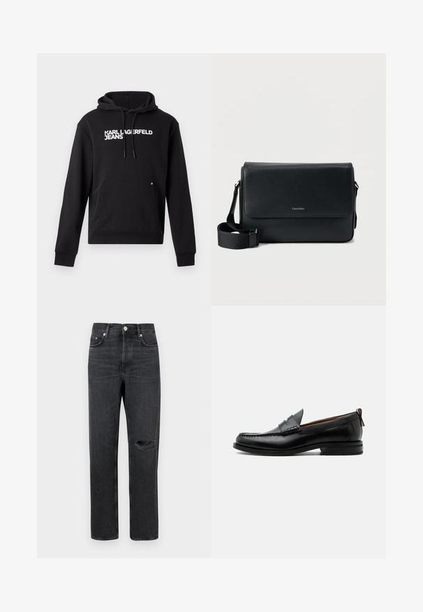Čierna mikina s kapucňou vyrobená z mäkkého materiálu, s klokankou a kapucňou s šnúrkou. Na hrudi je biele potlačené "KARL LAGERFELD JEANS".; Čierne deninové rifle so rovnými nohavicami, s prepichnutým kolenom, päť vrecový dizajn a kovové prvky na páse a vreckách.; Čierny kožený pánsky mokasín s prešitím moc toe, penny remienkom, textúrovaným golierom a nízkym vrstveným podpätkom na bielom pozadí.; Čierna kožená messenger taška s textúrovaným povrchom, nastaviteľným popruhom a predným klopou s jemným logom. Kompaktný a obdĺžnikový tvar.