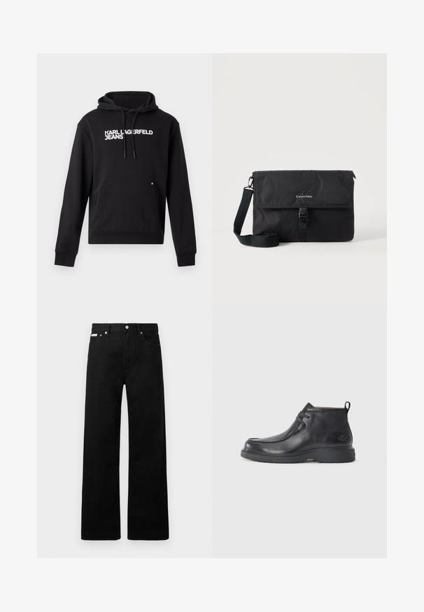 Sudadera negra de tejido suave, con un bolsillo canguro y capucha con cordón. "KARL LAGERFELD JEANS" impreso en blanco en el pecho.; Pantalones de mezclilla negros con un diseño de pierna ancha, que cuentan con cinco bolsillos y herrajes de botón metálico. Textura suave, sin patrones visibles.; Botas de cuero negras hasta el tobillo con punta redondeada, diseño con cordones y una lengüeta en la parte trasera. Parte superior texturizada y suela de goma.; Bolso mensajero negro de Calvin Klein con correa de hombro ajustable y solapa frontal asegurada con una hebilla, mostrado sobre un fondo liso.