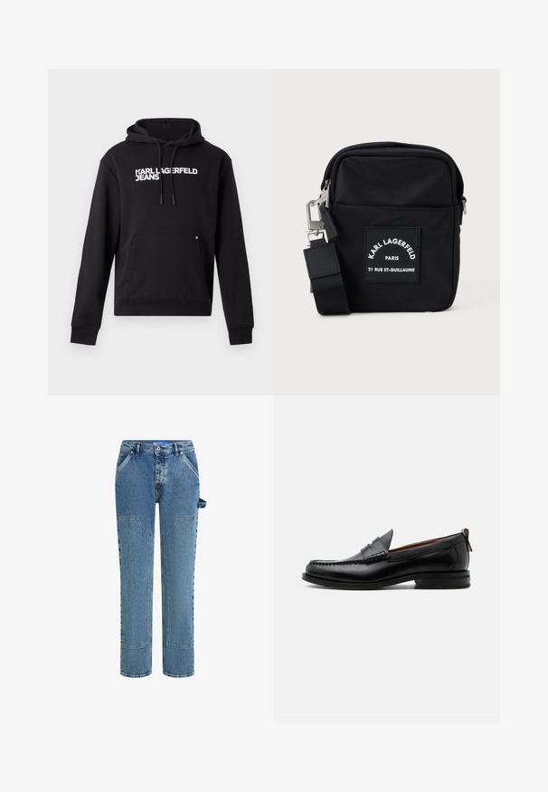 Čierna mikina s kapucňou vyrobená z mäkkého materiálu, s klokankou a kapucňou s šnúrkou. Na hrudi je biele potlačené "KARL LAGERFELD JEANS".; Modré denimové džínsy s rovnými nohavicami, so kontrastnými záplatami, dvoma prednými vreckami a viditeľným pútkom po boku.; Čierny kožený pánsky mokasín s prešitím moc toe, penny remienkom, textúrovaným golierom a nízkym vrstveným podpätkom na bielom pozadí.; Čierna nylonová crossbody taška s obdĺžnikovým tvarom, s predným nášivkovým označením, strieborným kovovým hardvérom a nastaviteľným popruhom.