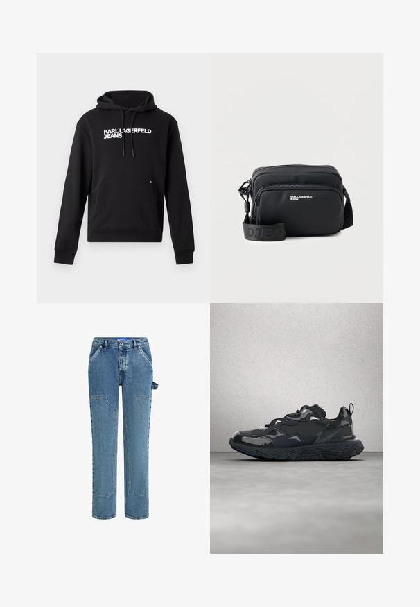 Zwarte hoodie van zachte stof, met een kangoeroezak en een capuchon met trekkoord. "KARL LAGERFELD JEANS" in het wit gedrukt over de borst.; Blauwe denim jeans met een rechte pijpdesign, voorzien van contrasterende patches, twee voorzakken en een zichtbare lusdetail aan de zijkant.; Zwarte hardloopschoen met een gestructureerd bovenwerk, gladde accenten en een dikke zool met een golvend profiel, ontworpen voor comfort en duurzaamheid.; Zwarte rechthoekige crossbodytas met twee ritssluitingsvakken, "KARL LAGERFELD JEANS" logo en verstelbare merkriem op witte achtergrond.