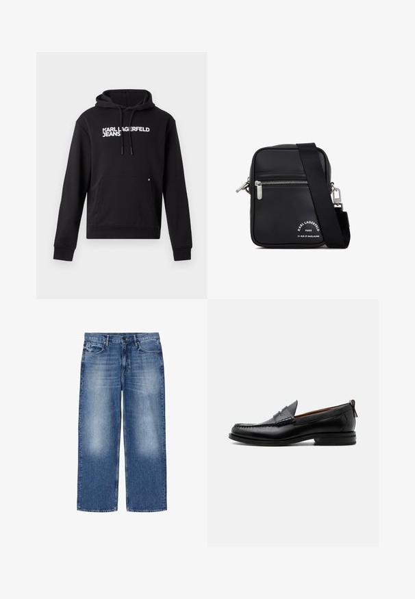 Sort hoodie lavet af blødt stof, med en kængurulomme og hætte med snor. "KARL LAGERFELD JEANS" trykt i hvidt på brystet.; Blåtonede straight-leg denimjeans med fem lommer og knaplukning, vist fladt på hvid baggrund.; Sort læder herre loafer med moc-tå syning, penny strop, struktureret krave og lav stablet hæl på hvid baggrund.; Sort læder crossbody taske med sølvhardware, en lynlåslomme, en tekstureret overflade og fremtrædende hvid branding på forsiden.