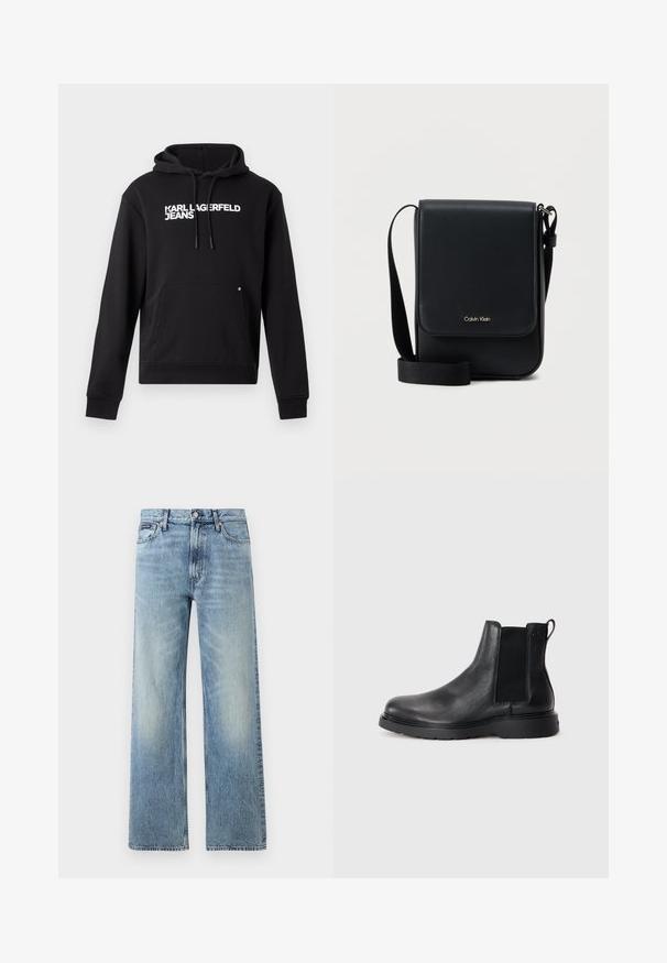 Sudadera negra de tejido suave, con un bolsillo canguro y capucha con cordón. "KARL LAGERFELD JEANS" impreso en blanco en el pecho.; Vaqueros de mezclilla azul claro de corte recto con cintura alta, cinco bolsillos, cierre de botón y sutil desgaste en los muslos y las rodillas.; Botas Chelsea de cuero negro con acabado texturizado, paneles laterales elásticos y una suela de goma resistente. Marca sutil en el talón.; Bolso bandolera negro de Calvin Klein con solapa, correa ajustable y pequeño logo dorado en el frente, sobre un fondo blanco liso.