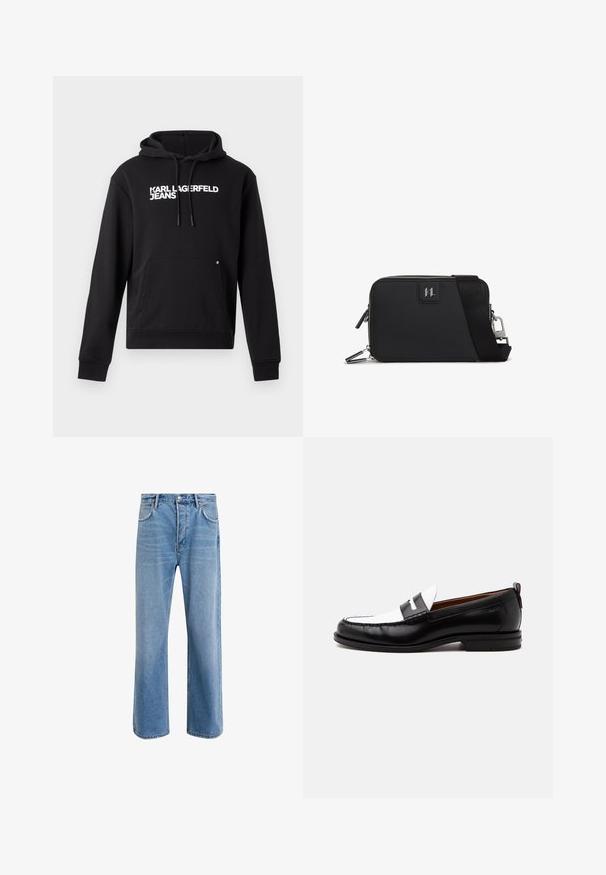 Sort hoodie lavet af blødt stof, med en kængurulomme og hætte med snor. "KARL LAGERFELD JEANS" trykt i hvidt på brystet.; Lyseblå denim jeans med lige ben-design, fem lommer, knaplukning, minimal falming og kontraststingdetaljer.; Sort-hvid læderloafer med syning, lav hæl og slip-on design, vist fra siden på en ensfarvet baggrund.; Sort rektangulær taske lavet af tekstureret materiale, med lynlås lukning, justerbar rem og en logo-patch på fronten.