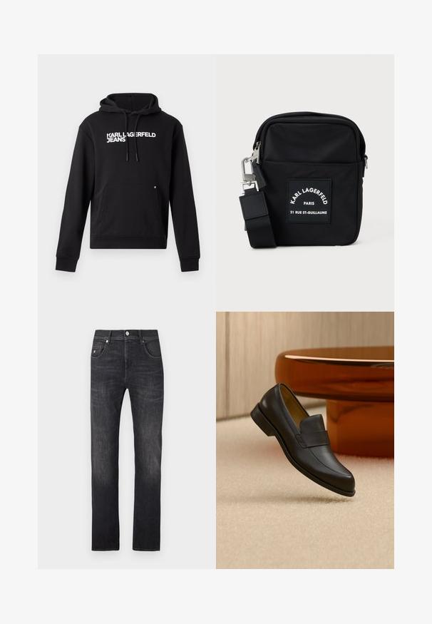 Sudadera negra de tejido suave, con un bolsillo canguro y capucha con cordón. "KARL LAGERFELD JEANS" impreso en blanco en el pecho.; Jeans de mezclilla gris oscuro con corte recto, que cuentan con cinco bolsillos, cierre de botón y detalles sutiles de descolorido a lo largo de las piernas.; Zapato mocasín de cuero negro con tacón bajo flotando sobre suelo alfombrado beige cerca de una mesa redonda marrón.; Bolsa cruzada de nailon negra con forma rectangular, presenta una etiqueta en el parche frontal, herrajes plateados y una correa ajustable.