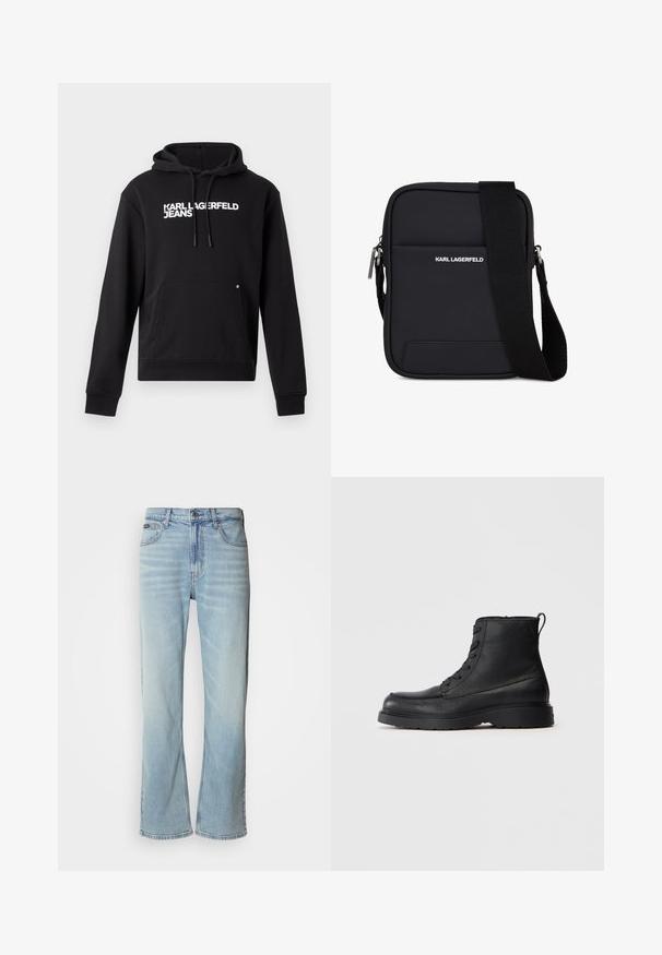 Sudadera negra de tejido suave, con un bolsillo canguro y capucha con cordón. "KARL LAGERFELD JEANS" impreso en blanco en el pecho.; Jeans de mezclilla azul claro con corte recto, que cuentan con cinco bolsillos, un cierre de botón y un ligero desvanecimiento en la tela.; Botín de tobillo negro de cuero texturizado con cordones, suela gruesa y lengüeta en la parte trasera, vista lateral.; Bolso bandolera rectangular negro con correa ajustable, bolsillo delantero y logo "KARL LAGERFELD" en texto blanco.