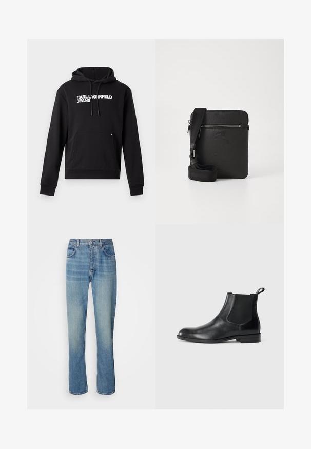 Zwarte hoodie van zachte stof, met een kangoeroezak en een capuchon met trekkoord. "KARL LAGERFELD JEANS" in het wit gedrukt over de borst.; Lichtblauwe rechte spijkerbroek met een hoge taille, een frontknop, ritssluiting en een vijf-pocket ontwerp.; Zwarte leren enkelboot met elastische zijpanelen, ronde neus en een trekhaak. Gladde textuur, platte zool, minimalistisch ontwerp.; Zwarte leren schoudertas met een gestructureerd oppervlak, een ritsvak aan de voorkant en een verstelbare stoffen schouderband. Eenvoudig vierkant ontwerp.