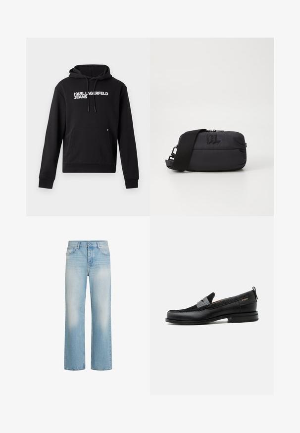 Čierna mikina s kapucňou vyrobená z mäkkého materiálu, s klokankou a kapucňou s šnúrkou. Na hrudi je biele potlačené "KARL LAGERFELD JEANS".; Svetlomodré denimové džínsy so striedmym strihom, detailmi blednutia, piatimi vreckami, zapínaním na gombík a pásikmi na opasok na páse.; Čierny kožený mokasín so sivým remienkom, nízkym podpätkom a textúrovanou podrážkou, so značkou "HUGO" v zlatej farbe na boku.; Čierna nylonová taška cez telo s hladkým povrchom, zipsovým uzáverom, nastaviteľným popruhom a embosovaným logom na prednej strane.