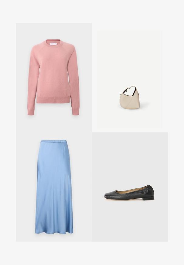 Pull en maille rose pâle à col rond et manches longues, avec poignets et ourlet côtelés, présenté sur un fond clair uni.; Jupe midi en satin bleu clair avec une ceinture élastique, présentant une texture lisse et une légère silhouette en A. Sans motifs ni accents visibles.; Ballerines en cuir noir avec un bout arrondi et des coutures minimales. Talon bas et rectangulaire avec une texture lisse. Détails subtils de doublure intérieure.; Sac à main en cuir beige en forme de croissant avec une seule bandoulière et des coutures minimalistes, posé sur un fond blanc uni.