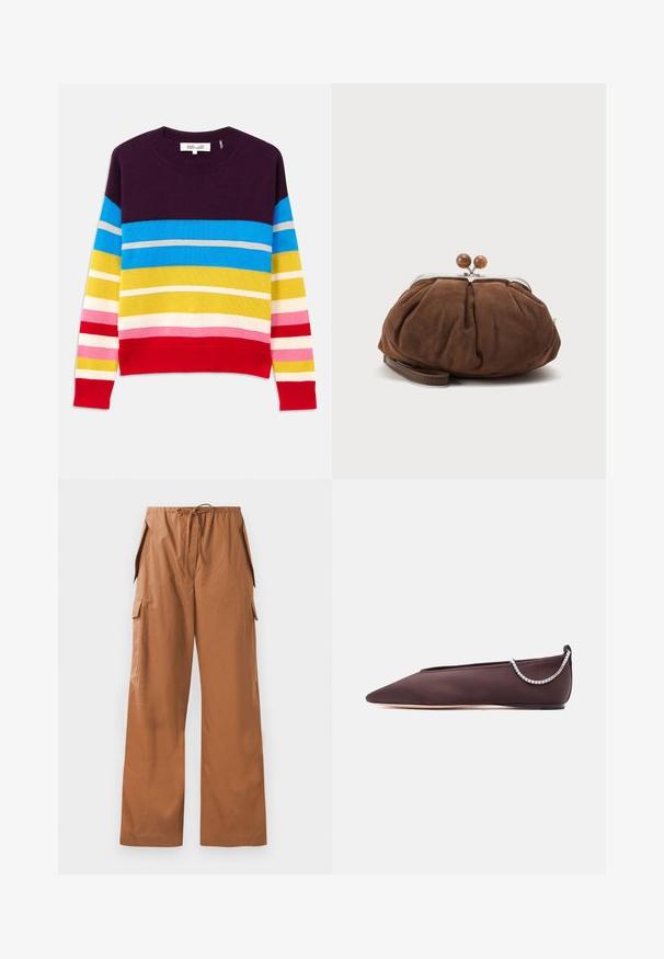 Pull en tricot avec rayures horizontales dans les tons violet, bleu, jaune, rose et rouge. Encolure et ourlet côtelés. Texture douce, design décontracté.; Pantalons cargo marron à jambes larges en tissu léger, avec une taille élastique et un cordon de serrage ainsi que des poches latérales.; Chaussure plate marron foncé à bout pointu avec un petit talon et un détail chaîne en strass argentée à l'arrière.; Petit sac poignet en daim marron doux avec cadre en métal argenté et boules rondes marron de fermeture sur fond clair uni.