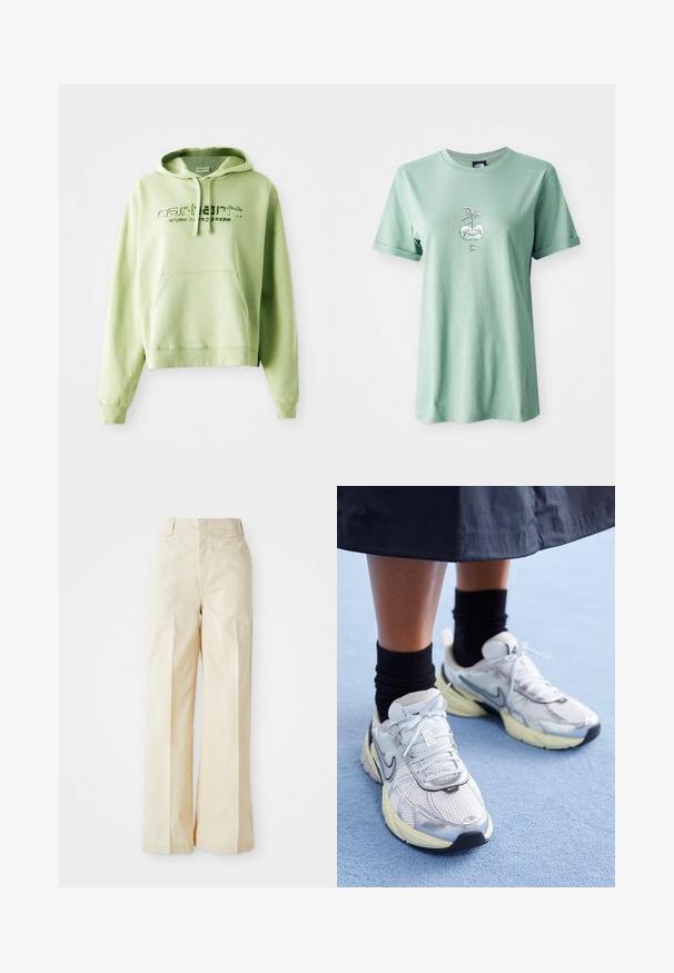 Lys grøn hoodie lavet af en bomuldsblanding. Har en kænguru-lomme, hætte med snor og broderet logo-tekst "Carhartt Work in Progress."; Lysegrøn bomulds t-shirt med korte, rullede ærmer, prydet med et centralt grafik af en plante i en rund potte, logo på den nedre front.; Beige vidde bukser med høj talje, fremstillet af et glat stof og med fint pressede forkantfolder, sat mod en ensfarvet hvid baggrund.; Hvide og sølv Nike sneakers med mesh-stof, reflekterende detaljer og en beige sål. Bæres med sorte sokker og står på en blå overflade.