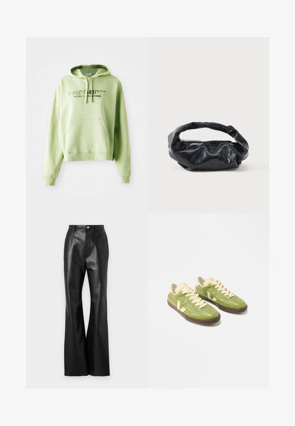 Hele roheline kapuutsiga sviiter, mis on valmistatud puuvillase seguga. Omab taskut ees, reguleeritavat kapuutsi ja tikandiga logo teksti "Carhartt Work in Progress."; Must rõngad nahkpüksid elegantse viimistlusega, ees taskud ja kontrastne õmblemine. Omab nööpklappi ja struktureeritud vöökohta.; Paari helerohelisi madala säärega tossusid kreemika paela, beeži kandmeklipi ja tumepruunide talladega valgel taustal.; Must have kõrge läikega struktuurse materjaliga must käekott, millel on ümmargune, keeratud sang ja tõmblukk. Omab pehmet, kortsulist disaini.