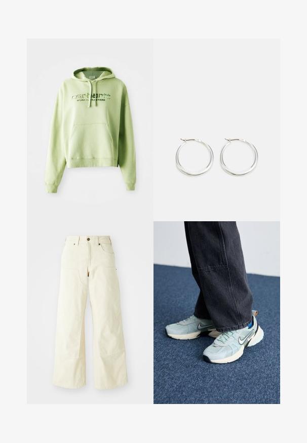 Lys grøn hoodie lavet af en bomuldsblanding. Har en kænguru-lomme, hætte med snor og broderet logo-tekst "Carhartt Work in Progress."; Beige brede bukser i bomuld med høj talje, store forlommer og en glat overflade med minimal syning.; Lyseblå mesh Nike sneakers med struktureret finish, sort swoosh og cremefarvet mellemsål, parret med mørkegrå vide bukser.; Sølv hoops øreringe har et glat, afrundet design med en slank profil og sikker spænde. Minimalistisk stil med en poleret finish.