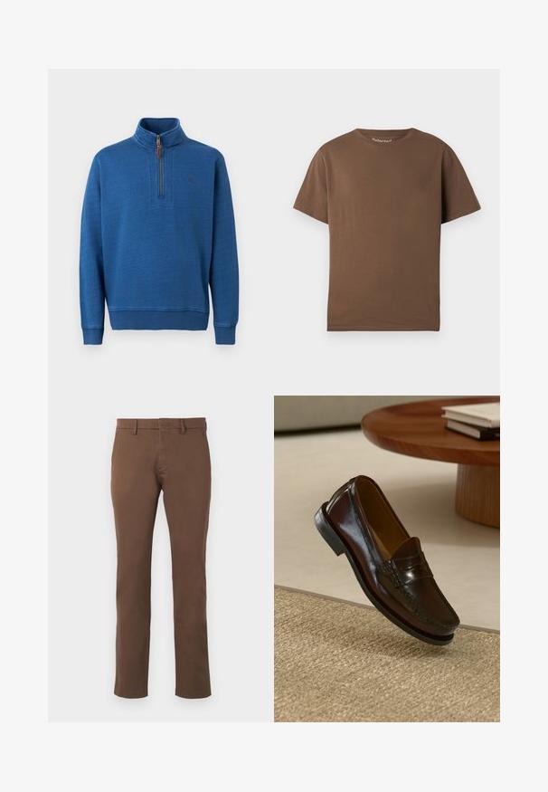 Pull-over bleu à manches longues avec une fermeture éclair quart-zip à l'avant et un col montant, doté de poignets et d'un ourlet côtelés, présenté sur un fond blanc.; T-shirt en coton marron à coupe décontractée, manches courtes et encolure ronde. Design simple, sans motifs ni accents.; Pantalon slim marron avec passants pour ceinture, fermeture éclair devant et design plat à l'avant, présenté sur un fond gris clair.; Mocassins en cuir marron au fini brillant, avec un détail cousu sur le devant et une semelle en caoutchouc noir à profil bas.