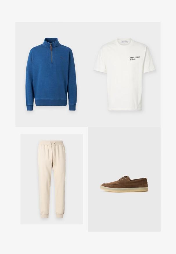 Pull-over bleu à manches longues avec une fermeture éclair quart-zip à l'avant et un col montant, doté de poignets et d'un ourlet côtelés, présenté sur un fond blanc.; T-shirt blanc à manches courtes et col rond avec le logo "Marc O’Polo Denim" imprimé en noir sur le côté gauche de la poitrine.; Pantalon de jogging beige avec une taille élastique, un cordon de serrage, des poches latérales et des poignets côtelés.; Chaussures en suede marron à profil bas, avec un laçage, semelle en caoutchouc et des détails de couture contrastants. Style simple et fonctionnel.