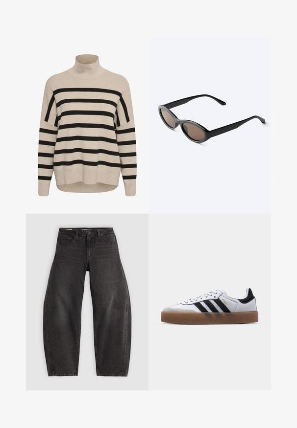 Suéter beige de cuello alto con rayas horizontales negras. Presenta hombros caídos, puños acanalados y un corte holgado. Textura de punto suave.; Jeans de mezclilla negra con un corte relajado, que cuentan con cinco bolsillos, cierre de botón y un ligero desgastado. La tela tiene una textura suave y resistente.; Zapatillas de cuero blancas con rayas negras, suela de goma, puntera redonda, cierre de cordones y caperuza de ante gris suave.; Gafas de sol negras con montura ovalada y lentes tintadas oscuras, mostradas en un ángulo ligero sobre una superficie blanca.