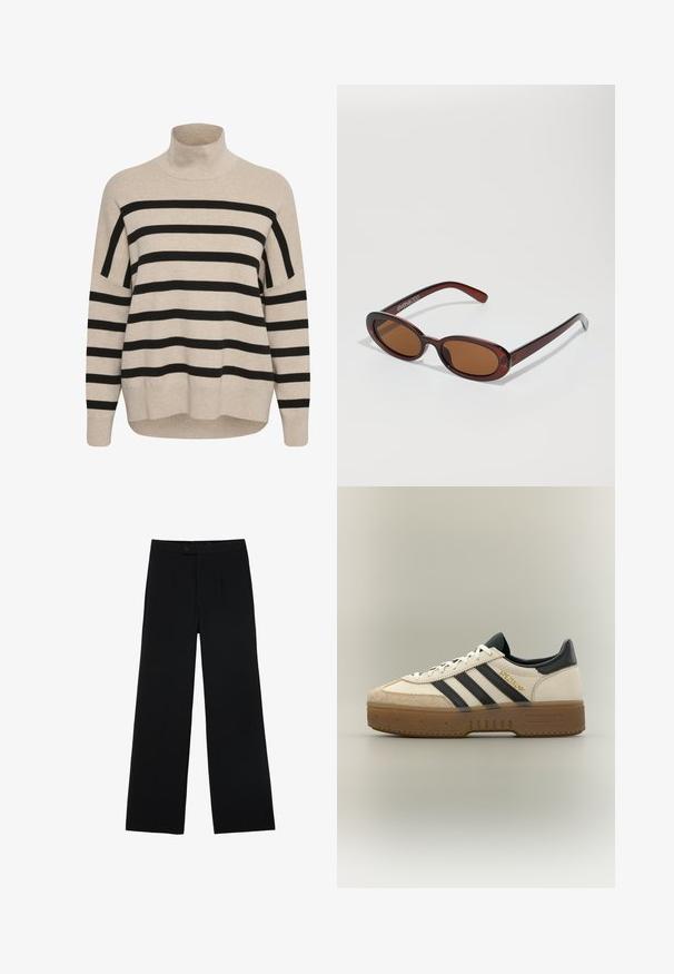 Beige Rollkragenpullover mit schwarzen horizontalen Streifen. Verfügt über Fall Schulter, gerippte Bündchen und eine lässige Passform. Weiche Stricktextur.; Schwarze weit geschnittene Hosen aus glattem Stoff, mit einem Frontknopfverschluss und zwei Falten für zusätzliche Details. Maßgeschneiderter Gesamteindruck.; Weißer Adidas Sneaker mit schwarzen Streifen, beiger Wildlederkappe, brauner Sohle und "SPEZIAL" in goldener Schrift an der Seite.; Runde, braun getönte Sonnenbrillen mit einem glänzenden burgunderfarbenen Rahmen. Schlanke Bügel mit dezentem Branding. Flaches Linsendesign.