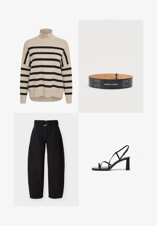 Pull à col roulé beige avec des rayures horizontales noires. Présente des épaules tombantes, des poignets côtelés et une coupe décontractée. Texture en maille douce.; Pantalon large noir en coton, doté d'une ceinture à boucle avec anneau métallique et poches latérales. Texture lisse au design minimaliste.; Sandales à talons hauts noires avec un bout carré, de fines sangles ajustables et un talon bloc épais. Texture en cuir lisse avec un minimum de détails.; Ceinture large en cuir noir avec surpiqûres blanches, boucle dorée et logo "Elisabetta Franchi" à l'avant, doublure intérieure beige visible.