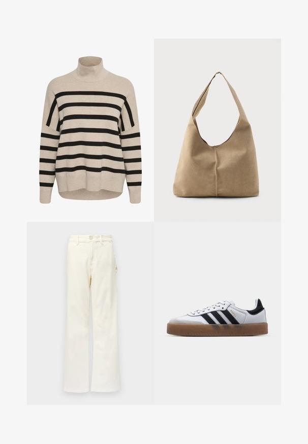 Beez turtleneck-sviiter mustade horisontaalsete triipudega. Omab langevaid õlgu, soonikuid mansette ja lõdva sobivuse. Pehme kudumitekstuur.; Good American GOOD 90S CARPENTER - Wide leg - white denim; Valged nahast tossud mustade triipudega, kummist välistald, ümmargune nina, seotud sulgemine ja pehme hall suede ninaosa.; Hobo kott pehmeast beezist nahast, laia õlavarrega ja lõtva kujuga, ees käsitsi õmmeldud õmbluse detailiga.