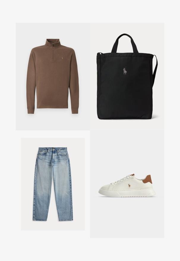 Brauner Pullover mit hohem Kragen und Reißverschluss, aus weichem Material. Hat lange Ärmel und ein kleines Logo auf der Brust.; Hellblaue Jeans aus Denim mit lockerem Schnitt. Sie haben eine hohe Taille, fünf Taschen und sichtbare Nähte. Die Oberfläche ist leicht strukturiert.; Weißer Sneaker mit niedrigem Schaft, braunem Fersenlasche, Schnürung vorne, dicker Sohle und kleinem besticktem Pferdelogo an der Seite.; Schwarze rechteckige Tote-Tasche mit kurzen Griffen, einem langen Schulterriemen an der Seite und einem kleinen bestickten Polo-Spieler-Logo in der vorderen Mitte.