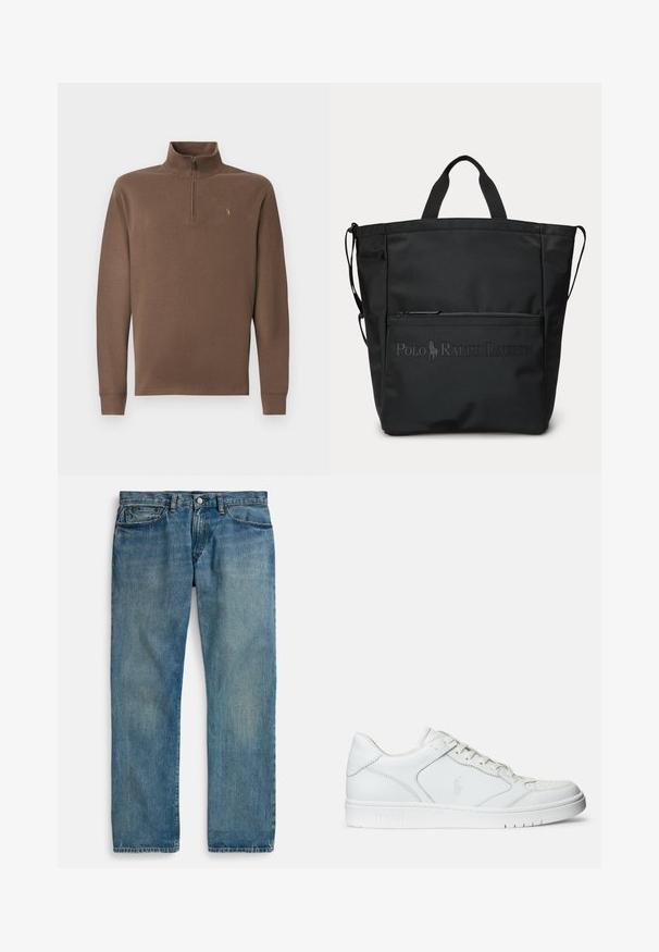 Brauner Pullover mit hohem Kragen und Reißverschluss, aus weichem Material. Hat lange Ärmel und ein kleines Logo auf der Brust.; Hellblaue Jeans aus Denim mit geradem Bein, fünf Taschen, Knopfverschluss und dezenter Used-Optik für mehr Textur.; Weißer Ledersneaker mit glatter Textur, ausgestattet mit einer perforierten Zehenpartie, Schnürverschluss und gesticktem Logo an der Seite. Weiße Gummisohle.; Schwarze Tragetasche mit kurzen Griffen, vorderer Reißverschlusstasche und geprägt Polo Ralph Lauren Logo.
