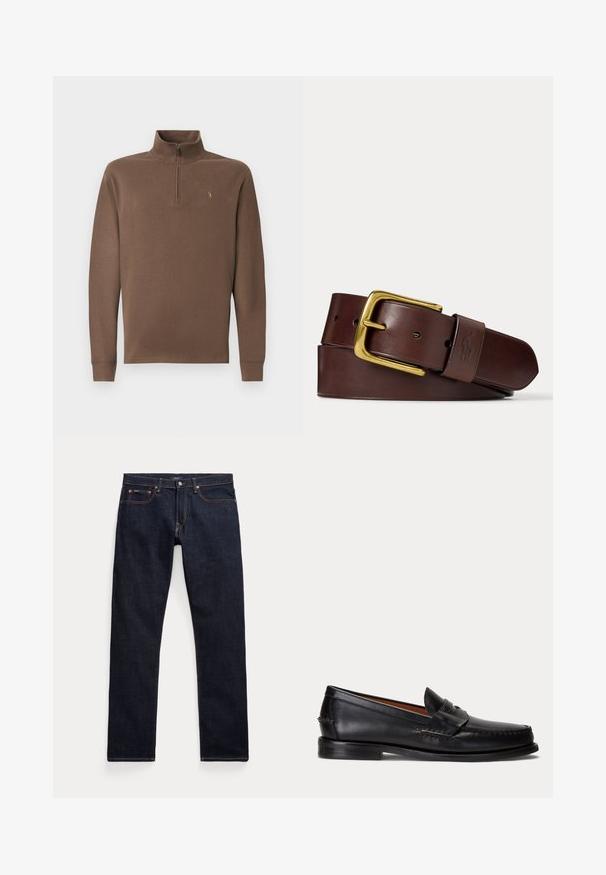 Pull marron avec un col montant et une fermeture éclair, fabriqué en matériau doux. Présente des manches longues et un petit logo sur la poitrine.; Jean en denim bleu foncé avec cinq poches, rivets en cuivre et coutures contrastées, posé à plat sur un fond blanc.; Mocassin en cuir noir avec un petit talon et une bride penny, vu de côté sur un fond gris clair.; Ceinture en cuir marron enroulée avec une boucle rectangulaire dorée et une boucle en cuir arborant un logo en relief représentant un cheval et son cavalier.