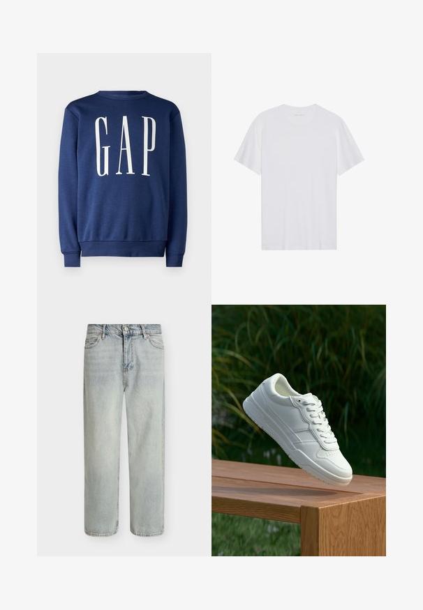 GAP Collegepaita - blue shade; Valkoinen puuvillainen T-paita, jossa on lyhyet hihat, pyöreä kaula-aukko ja sileä pinta. Kaula-aukossa on minimaalista brändäystä.; Vaaleansiniset farkut rentona istuvilla suorilla lahkeilla ja hieman haalistuneella pinnalla. Niissä on viisi taskua ja ommeltu yksityiskohta.; Valkoinen nahkakengät, joissa on sileä pinta, perforoitu muotoilu, klassinen nauhakiinnitys ja kumipohja, aseteltuna puupinnan ylle.