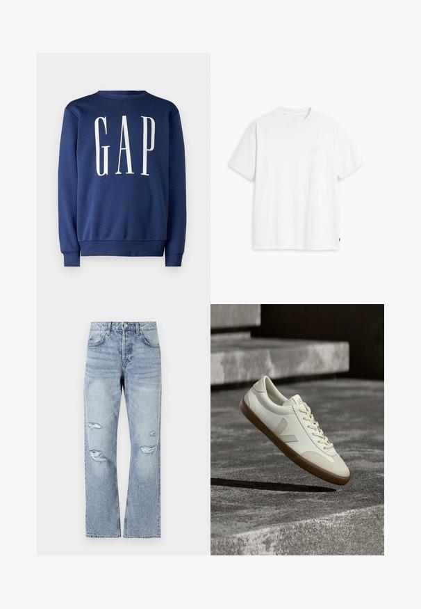 GAP Sweatshirt - blue shade; Hvid t-shirt i bomuld med korte ærmer, rund halsudskæring og en diskret "Levi's"-logo trykt i lyse farver på forsiden.; Lyseblå denim jeans med lige ben design, der har slidte huller ved knæene og en klassisk fem-lommer stil.; Hvide læder sneakers med tanfarvet gummisål, flade snørebånd og V-formet detalje på siden. Har en glat overflade og minimale syninger.