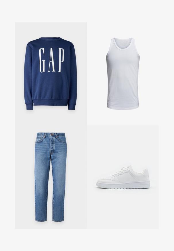 GAP Sweatshirt - blue shade; Weißes Baumwoll-Tanktop mit Rundhalsausschnitt, breiten Trägern und minimalem Branding, das innen am Kragen aufgedruckt ist. Weicher Stoff, lässige Passform.; Hellblaues Denim-Jeanspaar mit geradem Schnitt, fünf Taschen und Knopfverschluss. Überwaschene Textur mit leichtem Ausbleichen an der Vorderseite.; Weiße Sneaker aus glattem Synthetikmaterial, ausgestattet mit flachen Schnürsenkeln, perforierter Zehenpartie und einer gummierten Sohle mit einem strukturierten Grip-Muster.