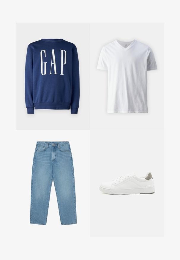 GAP Sweatshirt - blue shade; Kortærmet, V-hals hvid T-shirt lavet af bomuld. Har et ensfarvet design med en glat tekstur og en afslappet pasform.; Lyseblå denimjeans med lige ben, fem-lomme design og en let falmet struktur. Indeholder knap- og lynlåslukning.; Hvid sneaker lavet af glat læder, rund tå, minimalistisk design, grå hælafsats og tekstureret gummisål.