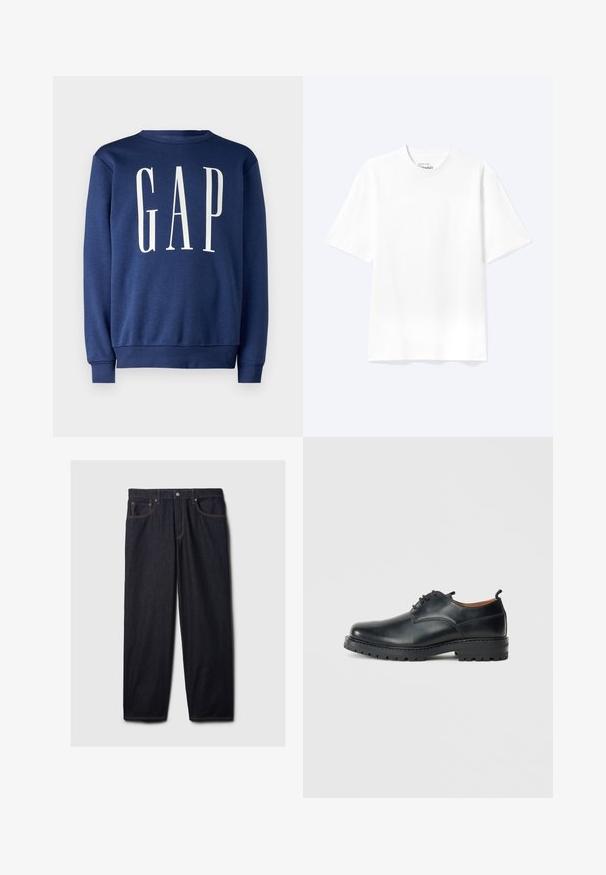 GAP Sweatshirt - blue shade; Enkel hvid T-shirt med korte ærmer og rund hals med afslappet pasform, vist på en lys baggrund.; Mørke denim jeans med lige pasform, der har en knap- og lynlås-lukning, to frontlommer og kontrastfarvet orange syning.; Sorte læder derby-sko med en glat overflade, rund tå, snøre-design og en tyk, robust gummisål.