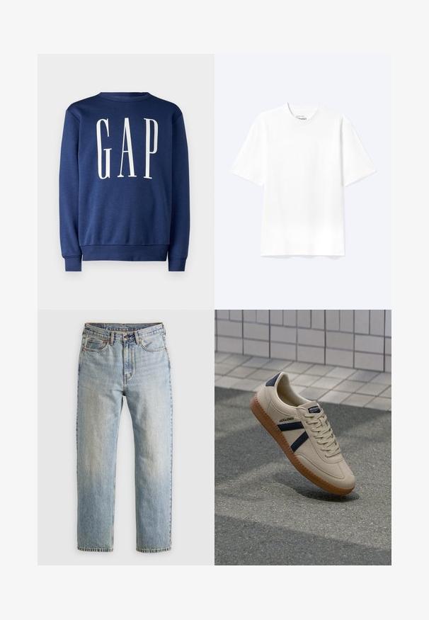 GAP Sweatshirt - blue shade; Enkel hvid T-shirt med korte ærmer og rund hals med afslappet pasform, vist på en lys baggrund.; Lysblå denim jeans med høj talje, frontknap, lynlås og fem-lomme design, lagt fladt på en neutral baggrund.; Beige sneaker med struktureret overflade, marineblå striber og gummisål. Har en polstret tunge og traditionelt snørresystem for en sikker pasform.