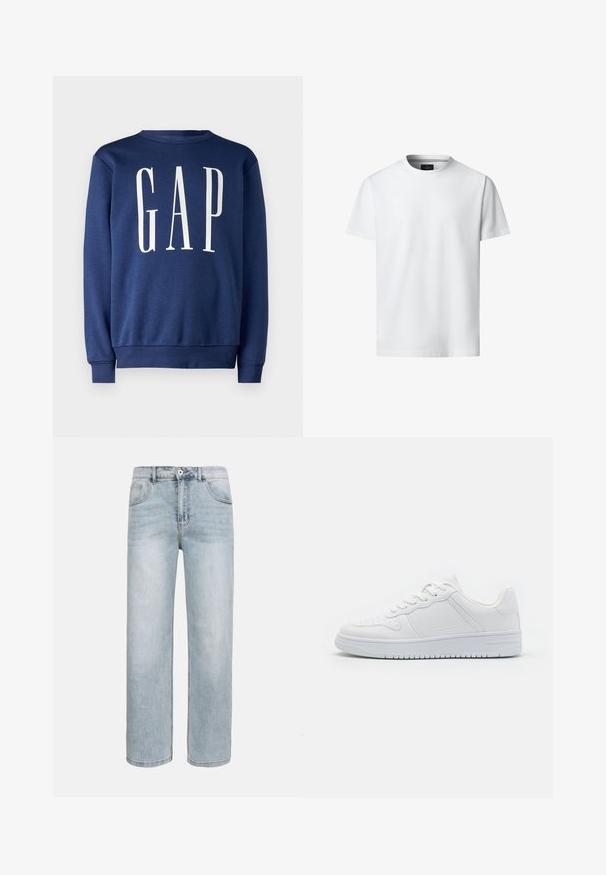 GAP Sweatshirt - blue shade; Hvid, kortærmet T-shirt med rund hals, vist forfra på hvid baggrund med synligt mærke indeni kraven.; Lyseblå jeans med lige ben, forlommer, knaplukning og diskret falming på lår og knæ.; Hvide sneakers lavet af glat syntetisk materiale, med flade snørebånd, perforeret tå og en gummisål med et tekstureret grebmønster.
