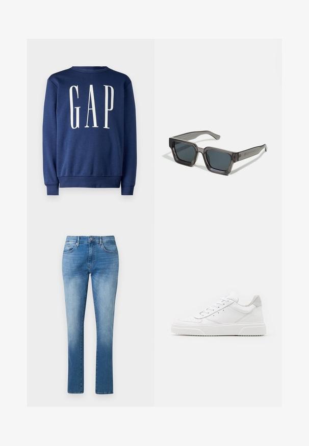 GAP Sweatshirt - blue shade; Blå jeans med lige ben, mellemhøj talje, knap- og lynlås-lukning samt klassisk fem-lomme design.; Hvide lædersneakers med en glat finish, rund tå, flade snørebånd og en struktureret sål. Grå ruskindsdetalje ved hælen.; Jack & Jones JACPETER SUNGLASSES UNISEX - Solbriller - grey