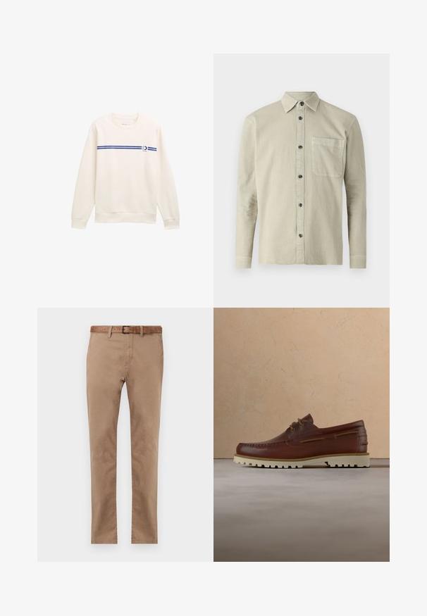 Hvid sweatshirt med rund hals, prydet med en blå vandret stribe og et logo på fronten. Lavet af blødt, struktureret stof.; Langærmet skjorte i lyse beige stof. Har en spids krave, en brystlomme og sorte knapper. Enkel, struktureret design.; Beige bomulds chinos med lige pasform, der har et brunt læderbælte, to forlommer og en glat tekstur.; Brun læder casual snørestøvle med cremefarvet gummisål, der hænger over beige tæppe nær et træ-sofabord med bøger.