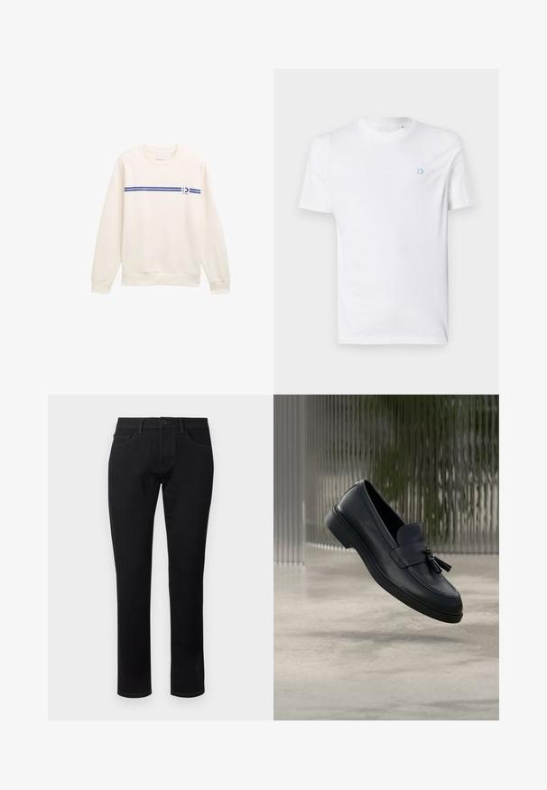 Hvid sweatshirt med rund hals, prydet med en blå vandret stribe og et logo på fronten. Lavet af blødt, struktureret stof.; Hvid bomulds t-shirt med rund halsudskæring og korte ærmer, med et lyseblåt logo på venstre bryst. Glat tekstur, enkelt design.; TOM TAILOR TTJOSH REGULAR SLIM FIT - Jeans Tapered Fit - black denim; Sorte læderloafers med en glat tekstur, en rundet tå og dekorative kvaster foran. Fleksibel gummisål med lav hæl.