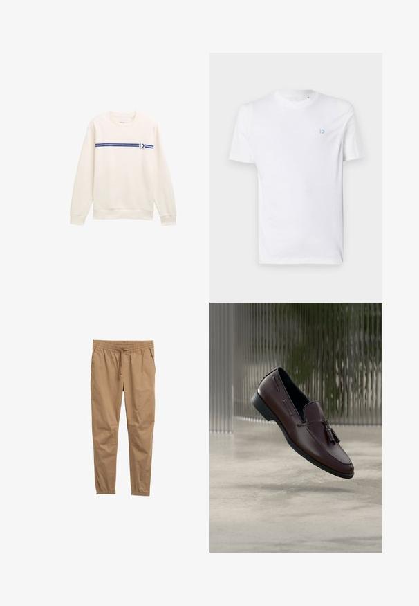 Hvid sweatshirt med rund hals, prydet med en blå vandret stribe og et logo på fronten. Lavet af blødt, struktureret stof.; Hvid bomulds t-shirt med rund halsudskæring og korte ærmer, med et lyseblåt logo på venstre bryst. Glat tekstur, enkelt design.; Brune bomuldsblandede bukser med elastisk talje, justerbar snøre og tapered manchetter. Glat tekstur, ingen synlige mønstre eller metaldele.; Brune læder loafers med en glat tekstur, med dekorative kvaster og en forhøjet sømdetalje, sat mod en minimalistisk baggrund.