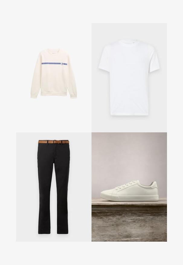 Hvid sweatshirt med rund hals, prydet med en blå vandret stribe og et logo på fronten. Lavet af blødt, struktureret stof.; Hvid bomulds t-shirt med rund halsudskæring og korte ærmer. Har et lille, præget logo på venstre bryst. Glat tekstur.; Sorte bomulds chinos med lige ben-design, der har et brunt læderbælte. Glat tekstur, klassiske forlommer og bæltestropper.; Hvide snørresneakers svævende over en træbænk med grønne planter i baggrunden, der fremhæver skodesign og tekstur.