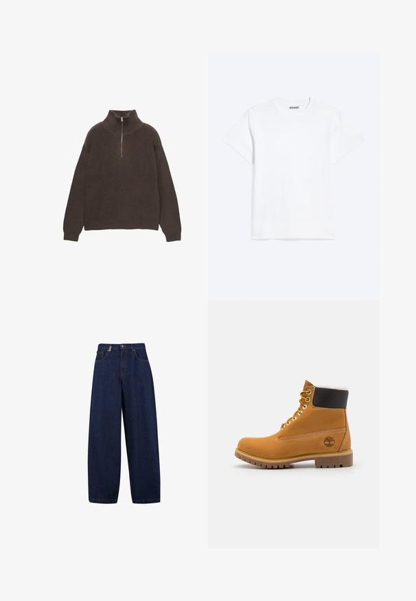 Bruine gebreide pullover met een hoge kraag en een halve rits. Kenmerkt zich door de geribbelde textuur en de verlaagde schouders voor een ontspannen pasvorm.; Effen wit T-shirt met korte mouwen en een ronde hals met een "WEEKDAY" label aan de binnenkant van de achterkraag, getoond op een lichte achtergrond.; Losse, donkerblauwe denim jeans met een hoge taille, frontzakken en een recht model. Inclusief zilverkleurige hardware en minimale stiksels.; Bruine leren enkellaars met metalen oogjes, witte faux bont voering, zwarte gewatteerde kraag, robuuste zool en een reliëflogo aan de zijkant.