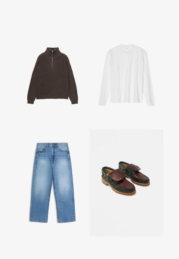 Pull en maille marron avec un col montant et une demi-fermeture éclair. Présente une texture côtelée et des épaules tombantes pour un ajustement décontracté.; T-shirt blanc en coton à manches longues avec col rond, doté de poignets côtelés et d'un ourlet droit, texture lisse et design minimaliste.; Jean en denim bleu clair avec une taille haute, des jambes droites et larges, des poches avant et une fermeture par bouton.; Chaussures en cuir avec un corps vert foncé, un dessus bordeaux, un bout rond, un rabat sécurisé et une semelle en caoutchouc texturée avec des rainures.