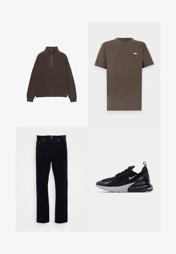 Pull en maille marron avec un col montant et une demi-fermeture éclair. Présente une texture côtelée et des épaules tombantes pour un ajustement décontracté.; T-shirt en coton marron avec un col rond et des manches courtes. Il présente un petit logo blanc "OBEY" sur la partie supérieure gauche de la poitrine.; Carhartt WIP NEWEL PANT - Pantalon classique - dark navy; Chaussure de sport noire avec tige en mesh, semelle intermédiaire blanche et amorti visible dans le talon. Design élégant avec de subtils accents argentés.