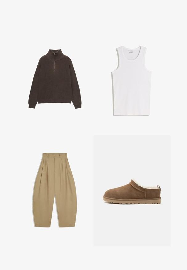 Bruine gebreide pullover met een hoge kraag en een halve rits. Kenmerkt zich door de geribbelde textuur en de verlaagde schouders voor een ontspannen pasvorm.; Witte katoenen tanktop met een ronde halslijn en brede schouderbanden. Gladde textuur, geen patronen of accenten, eenvoudig ontwerp.; Beige wijde broek met hoge taille, fronzen aan de voorkant, ritssluiting met knoop en voorzien van ceintuurlussen.; Bruine suède instapslof met beige zool en witte fleece voering, ontworpen voor warmte en comfort binnenshuis.