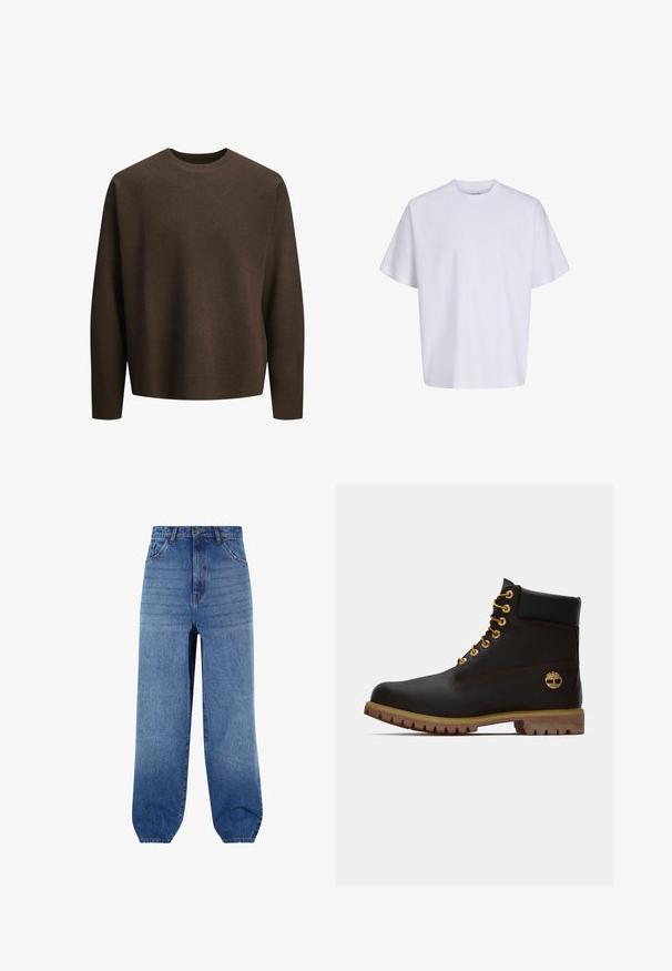 Pull-over marron à col ras du cou, avec des manches longues, fabriqué à partir d'un tissu doux. Présente une coupe décontractée et des poignets côtelés.; T-shirt blanc uni oversize à manches courtes, col rond et coupe ample sur fond blanc.; Jeans en denim bleu clair avec une taille haute, une coupe ample et des ourlets fuselés. Comprend cinq poches et un léger dégradé sur l'avant.; Bottine noire en cuir avec œillets dorés, accents marron et semelle en caoutchouc. Comprend un col rembourré et un logo estampé sur le côté.