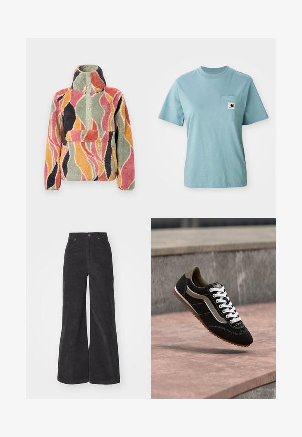 Pull polaire avec col montant et fermeture à boutons-pression. Présente un motif ondulé multicolore en rose, vert, orange et noir.; T-shirt en coton léger bleu clair à manches courtes avec poche poitrine affichant un petit patch logo Carhartt noir et blanc.; Pantalons large en velours côtelé noir avec taille haute, poches avant et fermeture à bouton. Le tissu présente une surface douce et texturée.; Baskets noires et beiges avec lacets blancs et semelle en gomme, en suspension au-dessus d'une surface en pierre et d'un mur en béton gris.