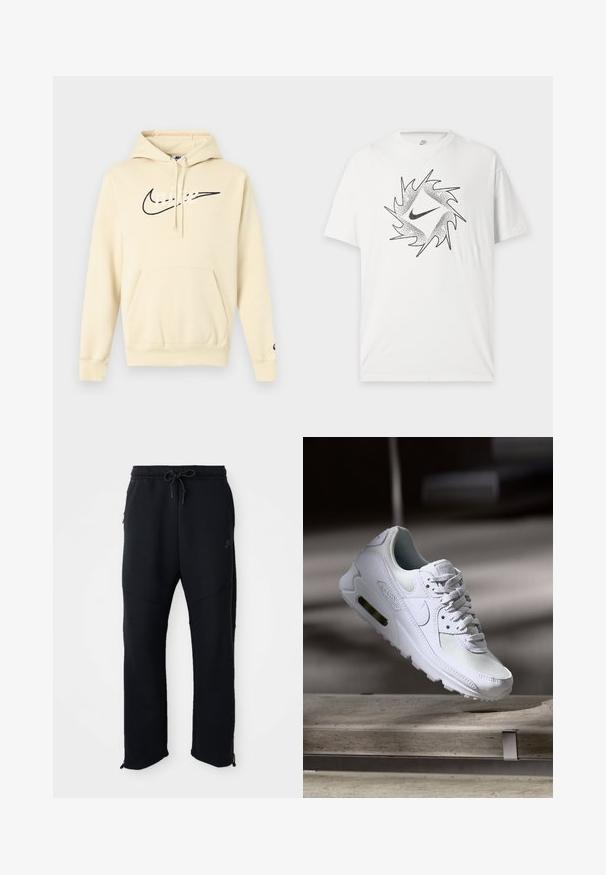 Μπεζ φούτερ Nike με τσέπη μπροστά, κουκούλα με κορδόνι και μαύρο λογότυπο στο στήθος. Μαλακό ύφασμα και ελαστικά τελειώματα στα μανίκια.; Λευκό κοντομάνικο T-shirt Nike με μαύρο αφηρημένο κυκλικό σχέδιο και κεντρικό λογότυπο Nike swoosh στο εμπρόσθιο μέρος.; Μαύρο αθλητικό παντελόνι με ελαστική μέση και κορδόνι, χαρακτηρίζεται από πλευρικές τσέπες, μπατζάκια σε στενή γραμμή και φερμουάρ στους αστραγάλους. Απαλή υφή.; Λευκό αθλητικό παπούτσι Nike Air Max 90 με άνω μέρος από διχτυωτό και δερμάτινο υλικό, τρυπητό μπροστινό μέρος και ορατή μονάδα αέρα στη φτέρνα.