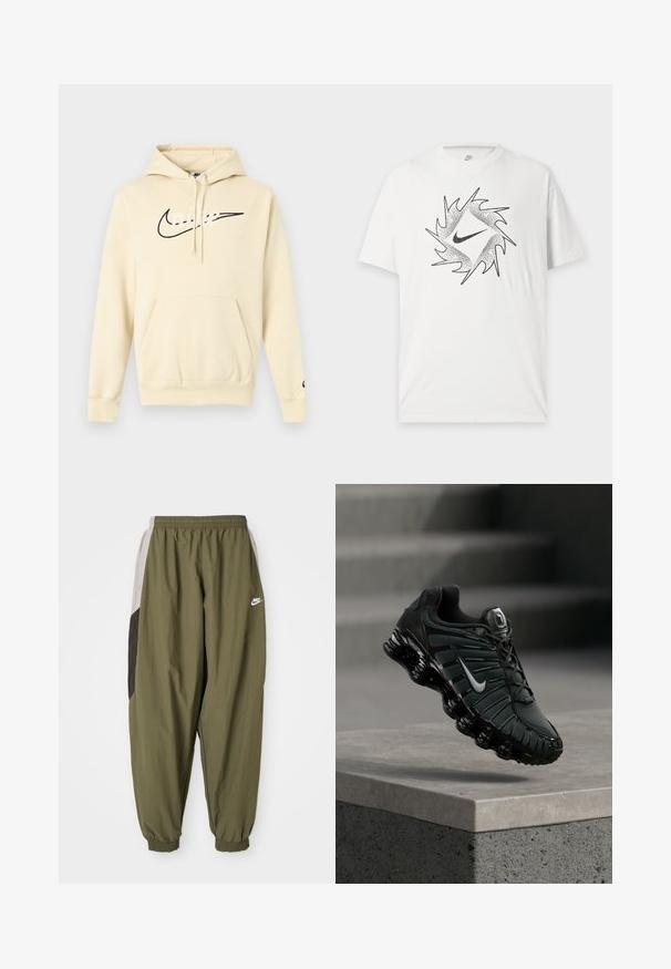 Μπεζ φούτερ Nike με τσέπη μπροστά, κουκούλα με κορδόνι και μαύρο λογότυπο στο στήθος. Μαλακό ύφασμα και ελαστικά τελειώματα στα μανίκια.; Λευκό κοντομάνικο T-shirt Nike με μαύρο αφηρημένο κυκλικό σχέδιο και κεντρικό λογότυπο Nike swoosh στο εμπρόσθιο μέρος.; Ελαιόχρωμο αθλητικό παντελόνι Nike με ελαστική μέση και μανσέτες. Διαθέτει πλάγιες πάνελ σε ανοιχτό γκρι και σκούρο γκρι με λεπτομέρεια λογότυπου.; Μαύρο και σκούρο γκρι αθλητικό παπούτσι Nike με λευκό λογότυπο Swoosh, κρεμασμένο πάνω από σκυρόδεμα με σκαλοπάτια στο φόντο.