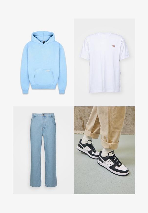 Hoodie bleu clair en tissu doux, avec une poche frontale, des poignets côtelés et une capuche à cordon. Minimalisme de la marque sur la poche.; T-shirt en coton blanc avec un col en V et des manches courtes. Présente un petit logo coloré brodé sur la poitrine gauche. Texture douce.; Jeans en denim bleu clair avec une coupe droite, dotés d'une fermeture à bouton, de passants de ceinture et de deux poches avant.; Baskets Nike Air Force 1 en noir et blanc avec un dessus en cuir, orteil perforé et détail de semelle texturée, portées avec un pantalon beige retroussé et des chaussettes blanches.
