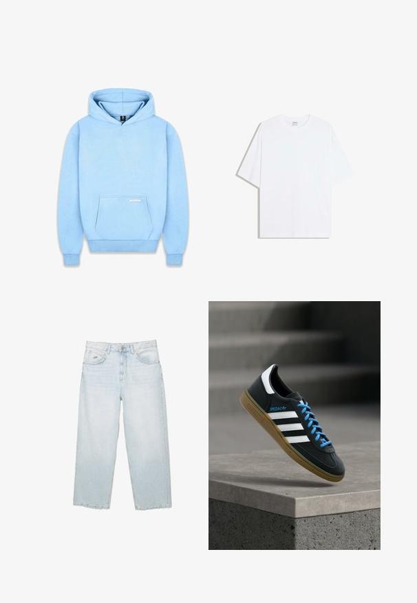 Hoodie bleu clair en tissu doux, avec une poche frontale, des poignets côtelés et une capuche à cordon. Minimalisme de la marque sur la poche.; T-shirt oversize en coton blanc avec un col rond et des manches courtes ; texture lisse, sans motifs ni accents visibles.; Jean droit taille haute bleu clair avec bouton à l'avant, poches et petite étiquette métallique de marque sur la poche avant droite.; Baskets Adidas noires avec des rayures blanches, des lacets bleus et une semelle en gomme flottant au-dessus d'une marche en béton grise sous une lumière douce.