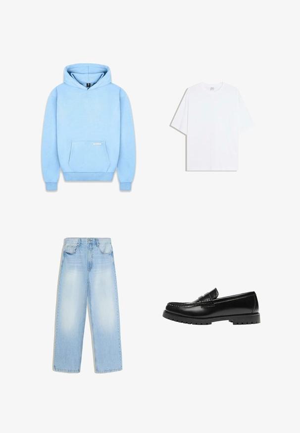 Hoodie bleu clair en tissu doux, avec une poche frontale, des poignets côtelés et une capuche à cordon. Minimalisme de la marque sur la poche.; T-shirt oversize en coton blanc avec un col rond et des manches courtes ; texture lisse, sans motifs ni accents visibles.; Jean denim bleu clair à jambes larges avec poches avant, passants de ceinture et zones décolorées aux cuisses et aux genoux.; Mocassin en cuir noir avec une semelle en caoutchouc épaisse et un détail classique de bride à monnaie, vu de côté extérieur.
