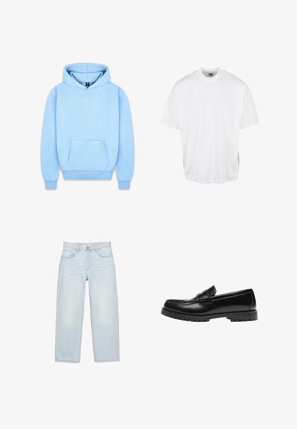 Hoodie bleu clair en tissu doux, avec une poche frontale, des poignets côtelés et une capuche à cordon. Minimalisme de la marque sur la poche.; T-shirt en coton blanc avec une coupe décontractée, des manches courtes et un col rond, présentant un ourlet droit et sans graphiques ni motifs visibles.; Jean bleu clair taille haute, coupe droite, avec poches avant, passants pour ceinture et fermeture par bouton à la taille.; Mocassin en cuir noir avec une semelle en caoutchouc épaisse et un détail classique de bride à monnaie, vu de côté extérieur.