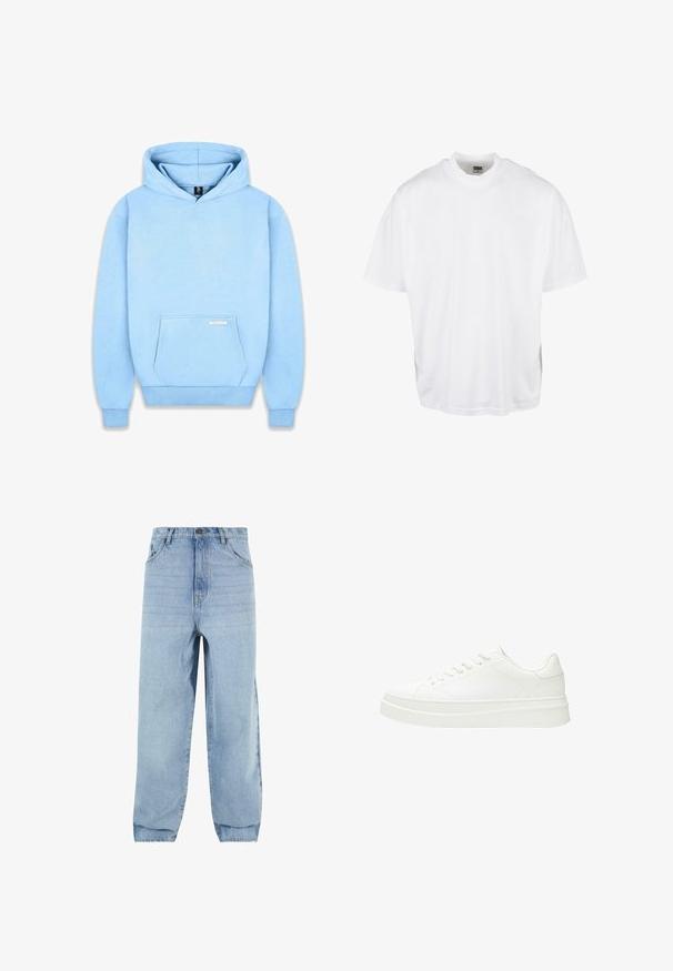 Hoodie bleu clair en tissu doux, avec une poche frontale, des poignets côtelés et une capuche à cordon. Minimalisme de la marque sur la poche.; T-shirt en coton blanc avec une coupe décontractée, des manches courtes et un col rond, présentant un ourlet droit et sans graphiques ni motifs visibles.; Jeans en denim bleu clair avec une coupe ample, taille haute et cinq poches. Dotés de passants de ceinture et d'une fermeture à bouton. Texture douce.; Baskets blanches avec une tige en cuir lisse, des lacets plats et une semelle en caoutchouc épaisse. Le design minimaliste présente des coutures discrètes et des accents sans couture.